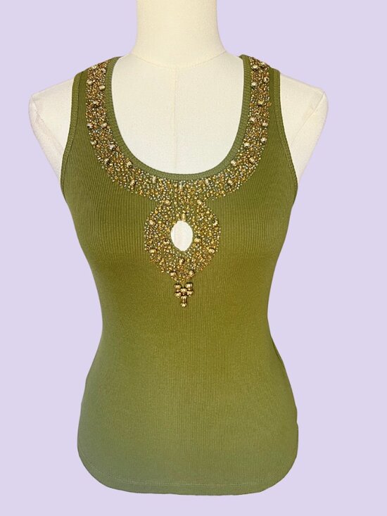 bebe Tops - Vintage Y2K Bebe Olive Beaded Tank Top
